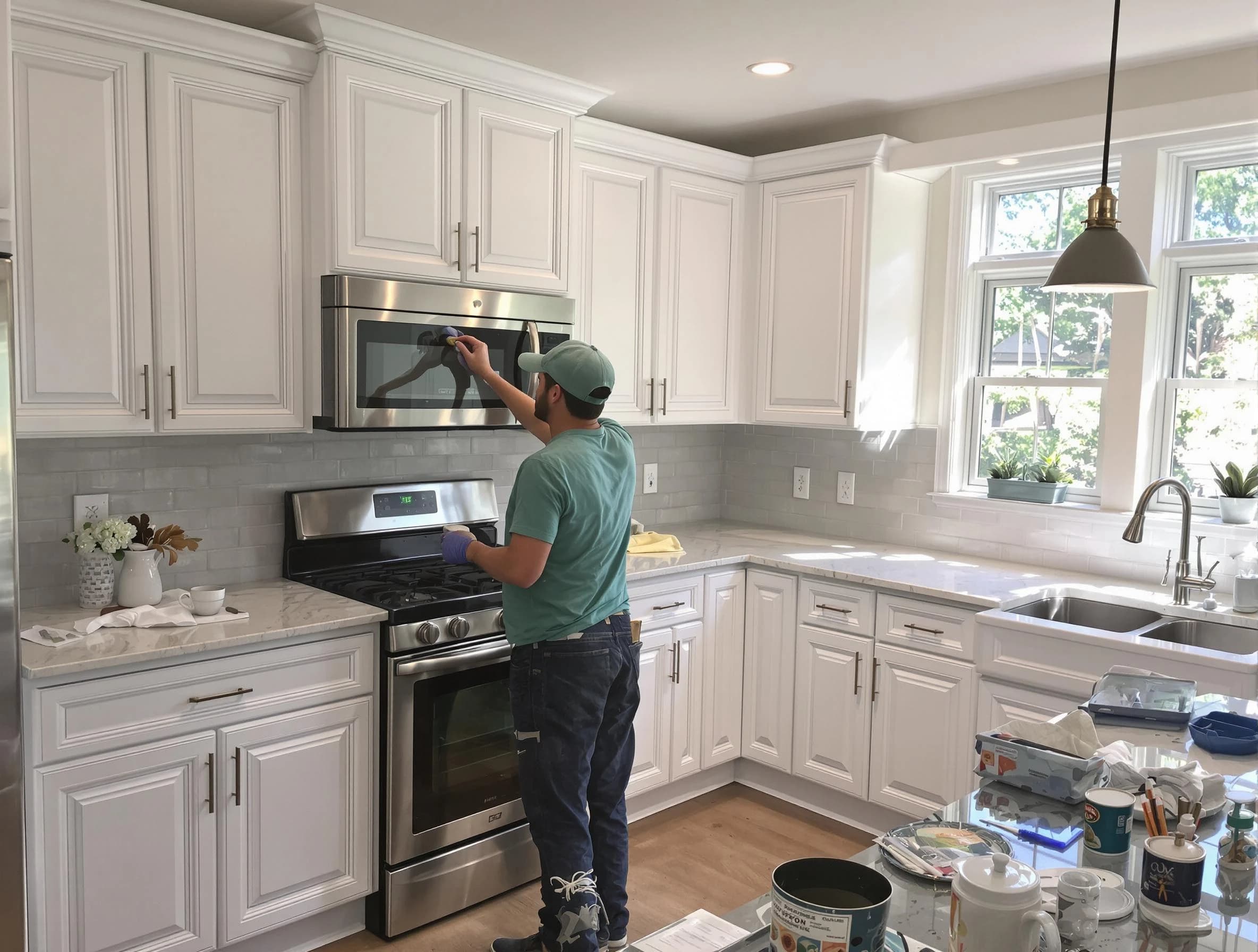 Kitchen cabinets being refinished by Queen Creek House Painters in Queen Creek, AZ