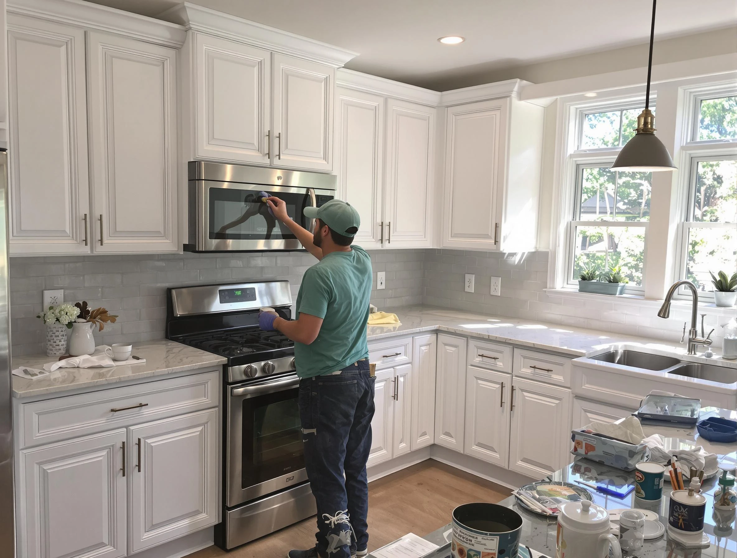 Kitchen cabinets being refinished by Queen Creek House Painters in Queen Creek, AZ